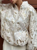 Elegant Jacquard Women Jackets Stand Collar Long Sleeve Basics Loose Jacket for Casual Commute Autumn Fashion New