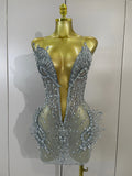 2026 Sexy Deep V Mesh See Through Mini Dress Women Sparkly Silver Diamonds Eveing Party Birthday Bar Nightclub Stage Costumes