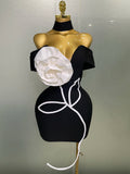 Women Sexy Off Shoulder White Flower Black Mini Bodycon Bandage Dress Luxury Celebrity Evening Club Elegant Party Gowns