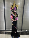 Black Khaki Women Sexy Halter Backless 3D Flowers Bodycon Long Maxi Dress Celebrate Evening Party Performance Costumes Wear