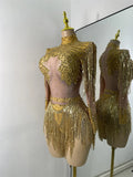 Women Sexy Long Sleeve Spandex Beading Tassels Skiny Bodysuit Performance Dance Costume Nightclub Party Outfit