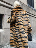 Women Tiger Striped Faux Fur Long Coat Lapel Fluffy Plush Luxury Oversized Overcoat With Side Pockets Winter Warm Outerwear 2026