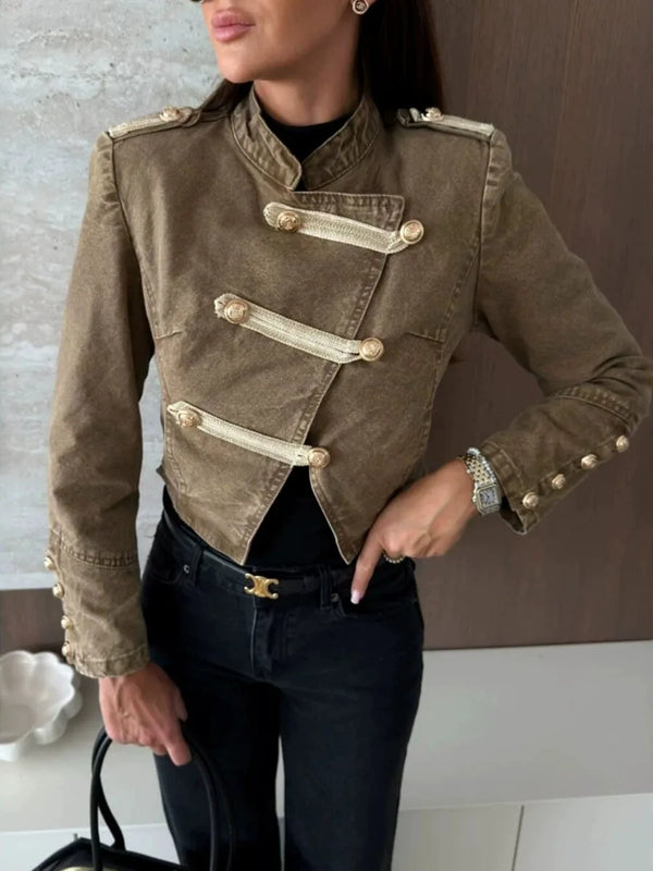 Vintage Buttons Women Jackets Stand Collar Long Sleeve Casual Slim Jacket for Daily Streetwear Autumn Fashion New