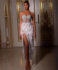 Women's Luxury Feather Rhinestone Beaded Glam Sheer High Slit Tube Top Dress Fashion Hot Birthday Party Banquet Performance Gown