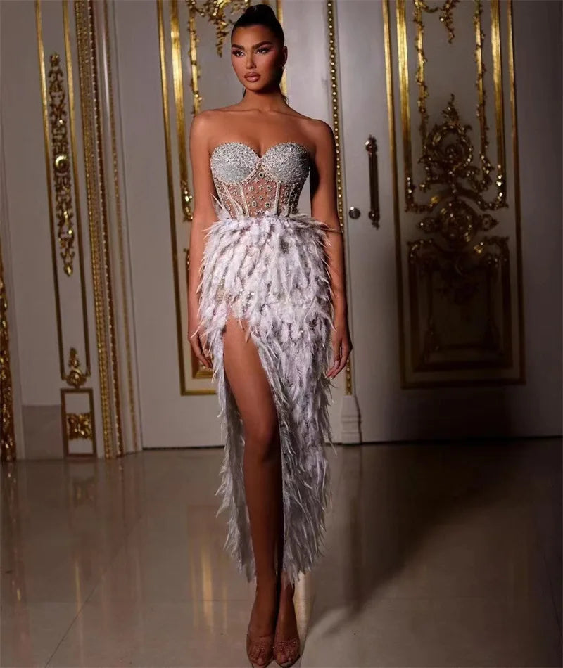 Women's Luxury Feather Rhinestone Beaded Glam Sheer High Slit Tube Top Dress Fashion Hot Birthday Party Banquet Performance Gown