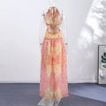Sexy V-neck Halter Backless Printed Long Dress Women Sleeveless Lace Up High Waist Slim A-line Maxi Dress Lady Chic Casual Dress