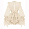 Fashion Women Ruffles Short Dress Elegant O-Neck Lace Up Lantern Long Sleeve Mini Vestido Chic Female 2025 Solid Dresses