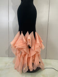Women Black Bodycon Mermaid Bandage Long Dresses With Pink Ruffles Sexy V Neck Birthday Party Prom Gown Celebrities Eveing Dress