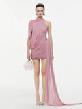 Pink Turtleneck Sleeveless Sexy Mini Dress For Women Fashion Irregular Folds Short Dress Femme Elegant Club Party Dress