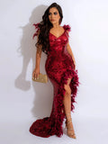 Women Sexy Dresses for Club Night Sequin Bodycon Party Club Night Out Dress Feather Backless Evening Formal Maxi Dress