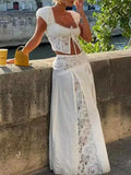 Beach Holiday Skirt Suit for Women Folds Tube Top High Waist Spliced Lace Long Skirt White Two Piece Set Female New
