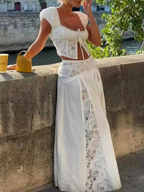 Beach Holiday Skirt Suit for Women Folds Tube Top High Waist Spliced Lace Long Skirt White Two Piece Set Female New