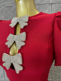 High Quality Red Bodycon Dress with Crystal Bow Cutout and Puff Sleeves Versatile for Celebrations and Gatherings