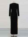 Black Velvet Holiday Celebrations Maxi Gown for Women O Neck Gold Trim Slim Jewel Accent High Slit Dresses for Luxury Dinner