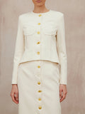 Minimalist Style Two Piece Set Female O Neck Long Sleeve Top with Button High Waist Split Bodycon Office Skirts Suit Female