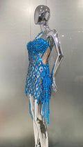 Women's Two-piece Peacock Blue Sequined Rhinestone Tube Top Halter Sheer Dress Fashion Hot Party Stage Performance Evening Gown