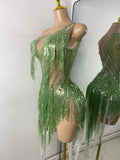 Luxury Crystals Diamonds Evening Party Dress Women Sexy Halter See Through Mesh Birthday Gowns Nightclub Singer Stage Wear