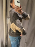 Women's Brown Beige Plaid Knitted Sweater Fashion Off Shoulder Patchwork Loose Blouse Lady Autumn Winter Casual Outerwear