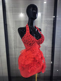 Red Color Women Sexy Halter Backless Shining Crystal Bodycon Mini Bandage Dress Celebrate Evening Party Christmas Clothing