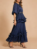 Elegant Chiffon Layered Ruffles Design Dress for Women Short Sleeves Waist Belt Spliced Diamonds Accent for Afternoon Tea