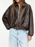 Fashion Leather Jacket Women's Vintage Faux Leather Bomber Jacket Solid Zipper Lapel Long Sleeves Autumn High Street Coat