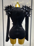 Women Sparkly Gold Rhinestone Black Velvet Long Sleeve Bodysuit Evening Party Club Gala Hosts Night Club Bar Stage Costumes