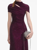 Elegant Business Style Purple Sparkle Gown for Women Asymmetrical Neck Short Sleeves Ruched Waist Skirt for Wedding Toasts