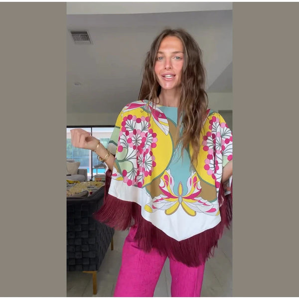 Vintage Women's Printed Tassel Patchwork Shawl Loose Satin O-neck Colorful Cloak 2026 Spring Summer Lady Chic Accessories