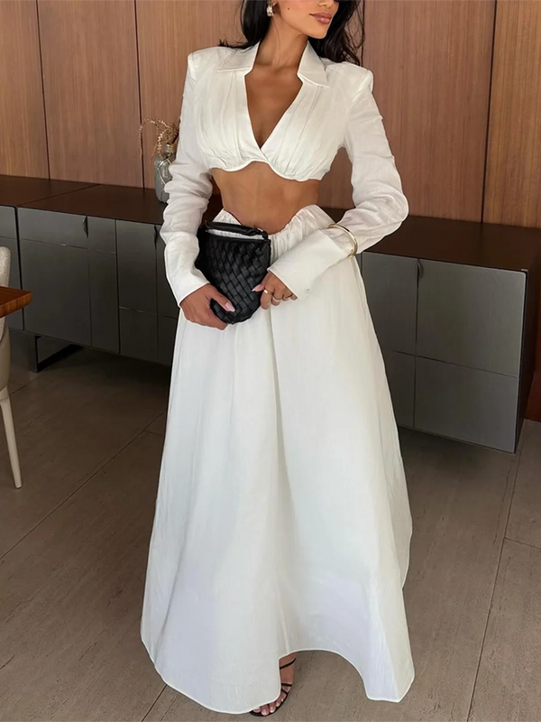 Chic White Two Piece Sets for Women Lapel Long Sleeves Crop Top Irregular Waist Maxi Skirt Set for Art Exhibition