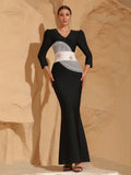 Women Celebrity Sexy Long Sleeve Patchwork Black Maxi Long Bodycon Bandage Dress 2024 Elegant Evening Club Party Outfit