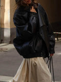 French Retro Pu Leather Jacket for Women Stand Collar Long Sleeve Patchwork Button Temperament Loose Coat Female