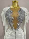 Luxury Sparkly Crystals Sexy Mesh White Velvet Short Dress 2025 Women Elegant Evening Prom Birthday Party Dresses Stage Costume