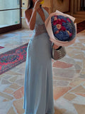 Luxurious Dinner Blue Halter Maxi Dress for Women Deep V Neck Spliced Sheer Lace Trim for Romantic Anniversaries
