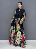 Printed Dress For Women Fashion O-neck Draped Lace Up Waist A-line Casual Vestido Robe Female Autumn