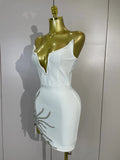 Elegant White Strapless Cocktail Party Women Eveing Prom Club Birthday Dress Sexy Sparkly Crystal Side Split Bandage Mini Dress