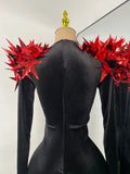Women Sexy Sparkly Crystals 3D Sequined Stars Velvet Long Sleeve Bodysuit Nightclub Performance Dance Costume Singer Stage Wear