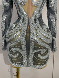 Sparkly Rhinestones Sexy Mesh Transparent Mini Dress Eveing Birthday Party Dance Nightclub Fashion Show Stage Costumes