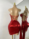 Sparkly Red Diamonds Asymmetrical Two Pieces Dress Design 2025 Women Sexy Strapless Top Skirt Suits Dance Performance Outfit
