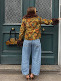Women Retro Floral Print Tweed Jacket Fur Collar Cuff Patchwork Single Breasted Short Coat 2026 Fashion Autumn Casaul Outerwear