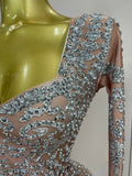 Sexy Perform Costume Sparkly Rhinestones Sequins Long Sleeves Print Jumpsuit Women Evening Party Birthday Nightclub Stage Wear