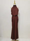 Solid Loose Spliced Folds Chic Dress for Women Halter Sleeveless Sexy Temperament Dresses Female Summer Fashion New