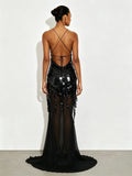 New Summer Sequins Patchwork Mesh Slim Long Dress Women Casual Vacation Dress Sexy Suspender V Neck Backless Evening Dress
