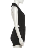 Halter Ruched Dress Women Sexy Whip Knot Backless Patchwork Elegant Stretch Christmas Peach Hip Birthday Mini Bodycon