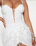 White Sequined Beaded Feather Glam V-Neck Suspender Dress Fashion Hot Party Stage Performance Dress Vestidos Para Festas De Luxo