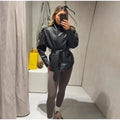 Women's Chic Lapel Oversized PU Leather Jacket Casual Full Sleeve Drop Shoulder Belted Coat Lady 2026 Spring Chic Streetwear