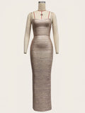 2026 Women Sexy New Sleeveless low-cut Striped Gold Long Dress Party Costume Bar Nightclub Stage Performance Clothing