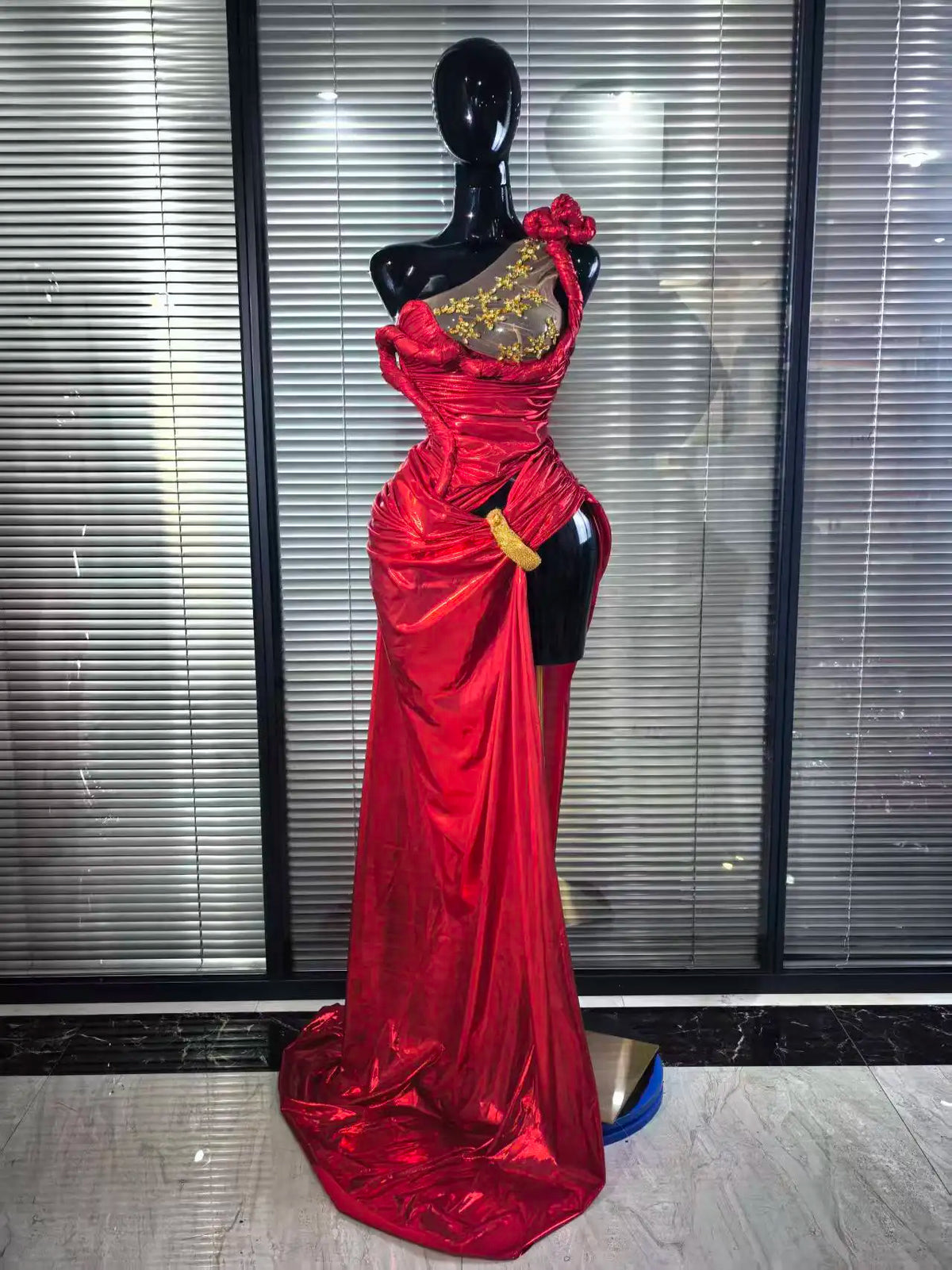 Women Sexy One Shoulder Shining Rhinestones High Split Floor-length Gowns Dress Evening Party Celebrate Red Carpet Wear
