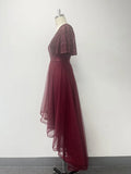Women Elegant V-neck Ruffle Short Sleeve Evening Dress A-Line Fluffy Gauze Irregular Party Dress Formal High-Low Vestidos