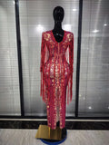 High Stretch Women Long Sleeve Sparkly Crystal Long Fringes Bodycon Long Dress Elegant Evening Party Birthday Photoshoot Wear