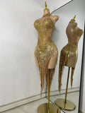 Sparkly Rhinestones Pearls Women Sexy Sleeveless High Split Mesh See Through Birthday Dress Nightclub Party Performance Costume